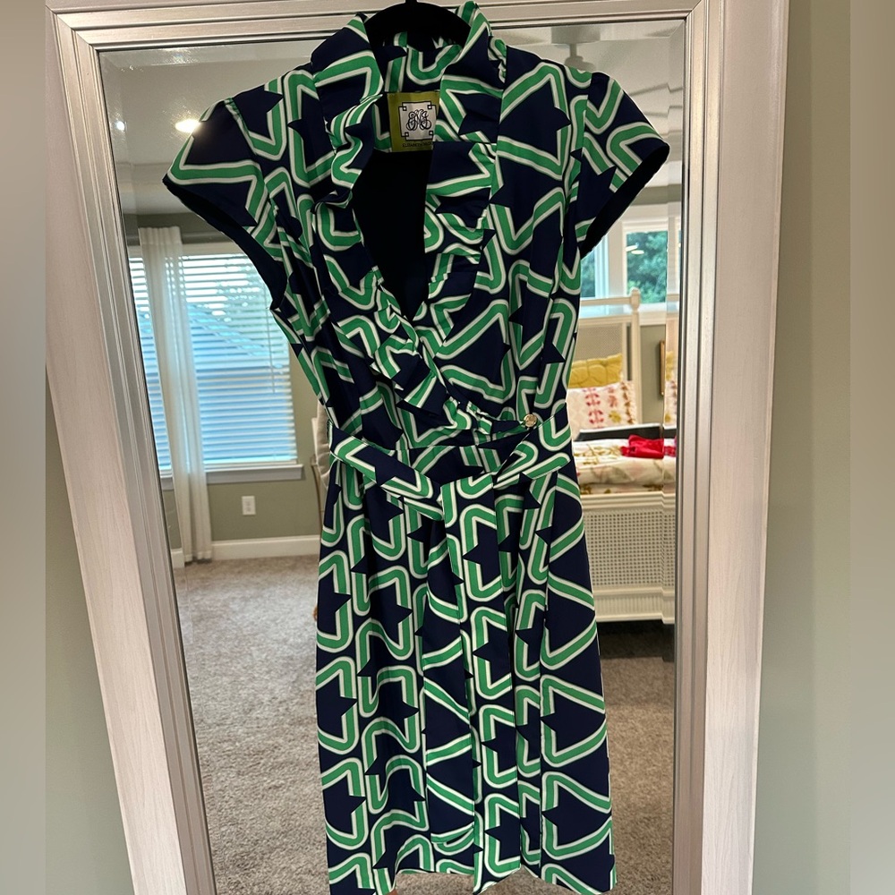 Elizabeth McKay Navy and Green Geometric Wrap Dress